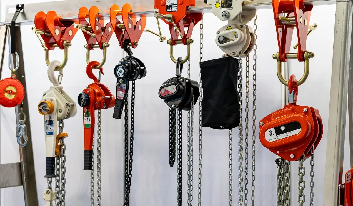 Hoists and lifting accessories displayed for product selection discussion