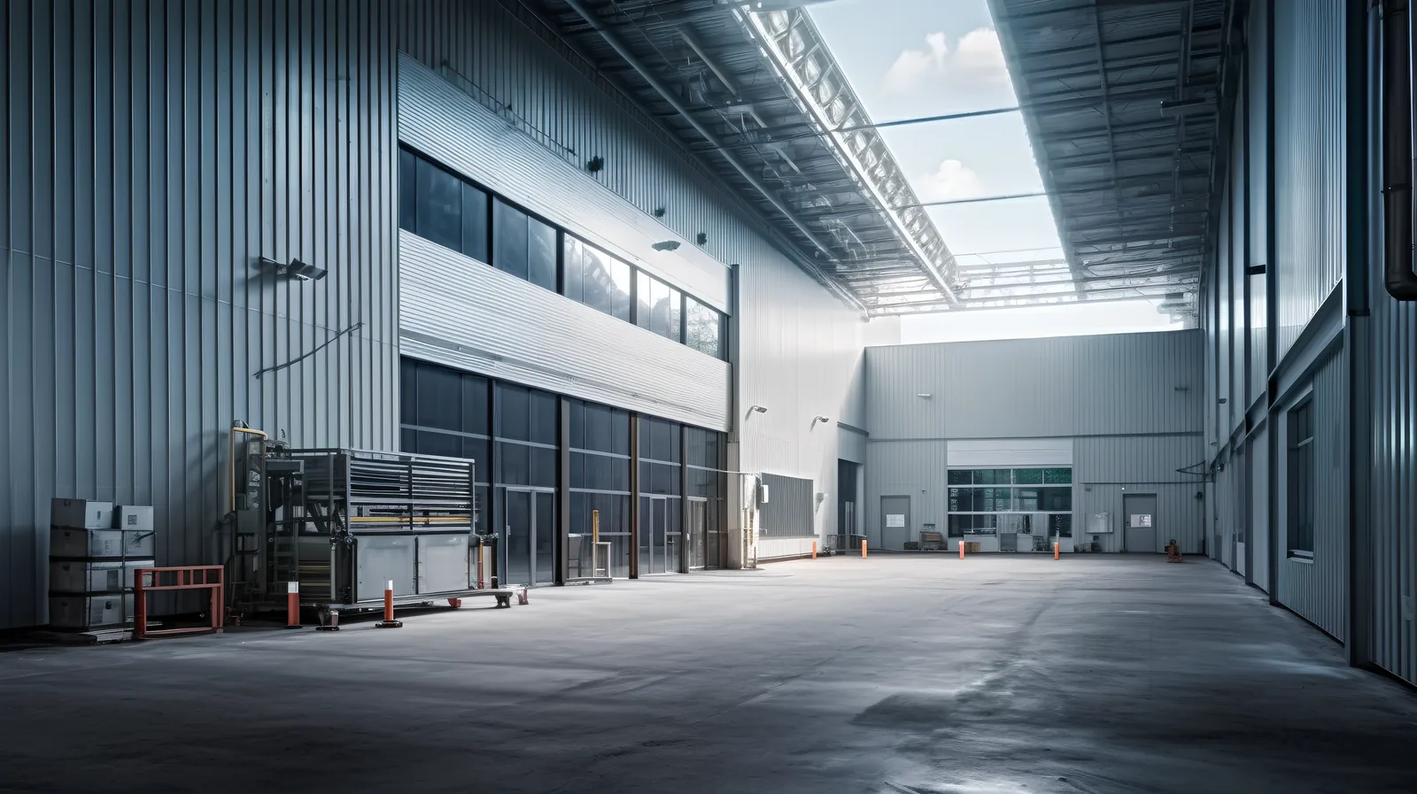 Industrial workshop bay prepared for lifting equipment use