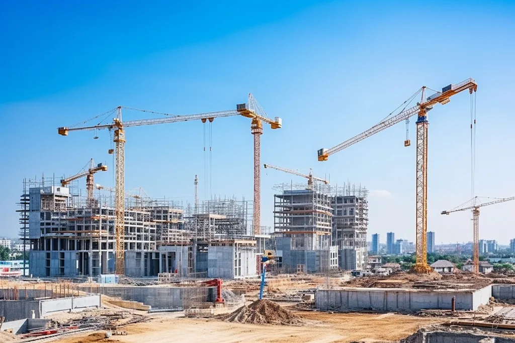 Construction site with cranes and structural work in progress