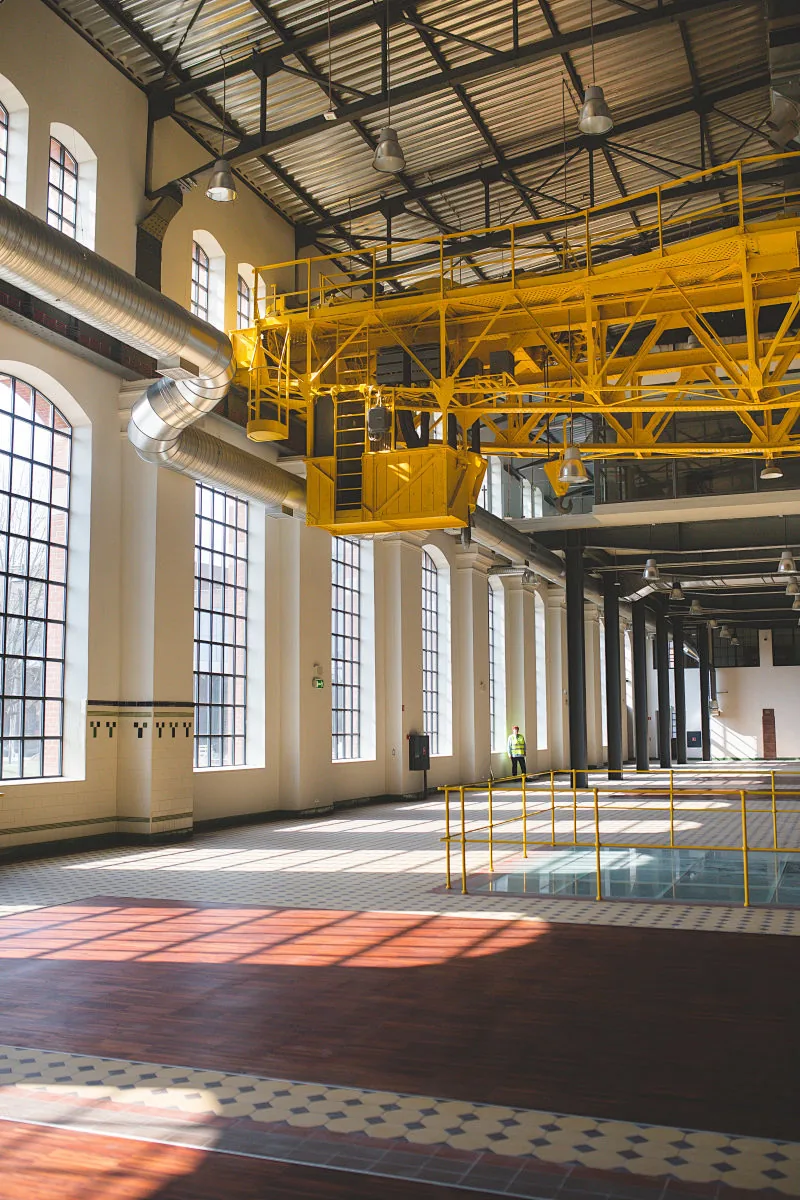 Overhead crane in an industrial workshop bay for installation planning context