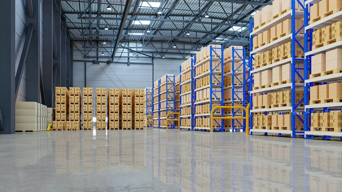 Warehouse aisle with pallets and material handling racks
