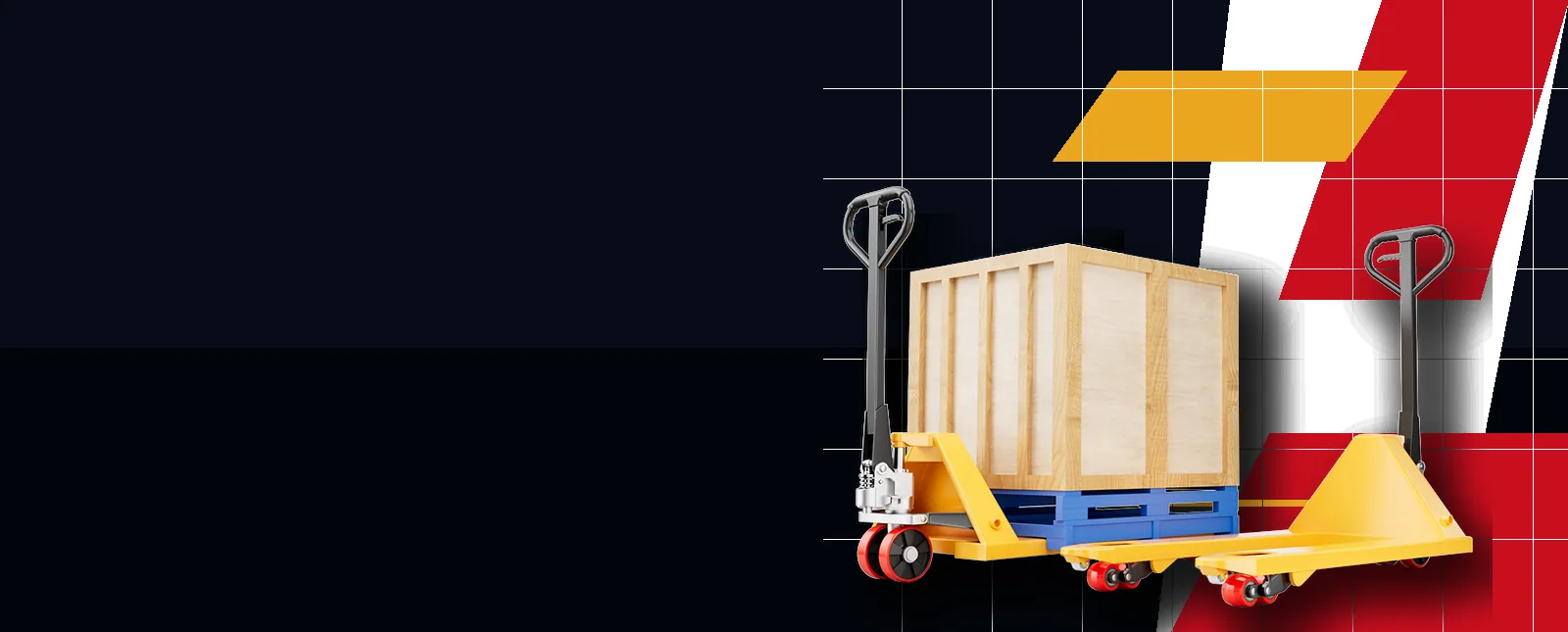 Pallet truck and warehouse handling equipment in an industrial warehouse