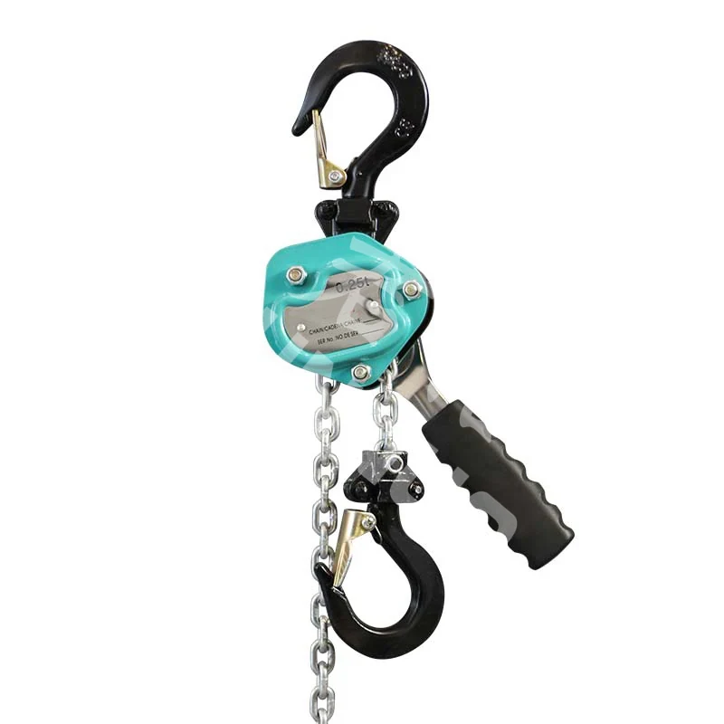 Compact green lever hoist with chain and hook