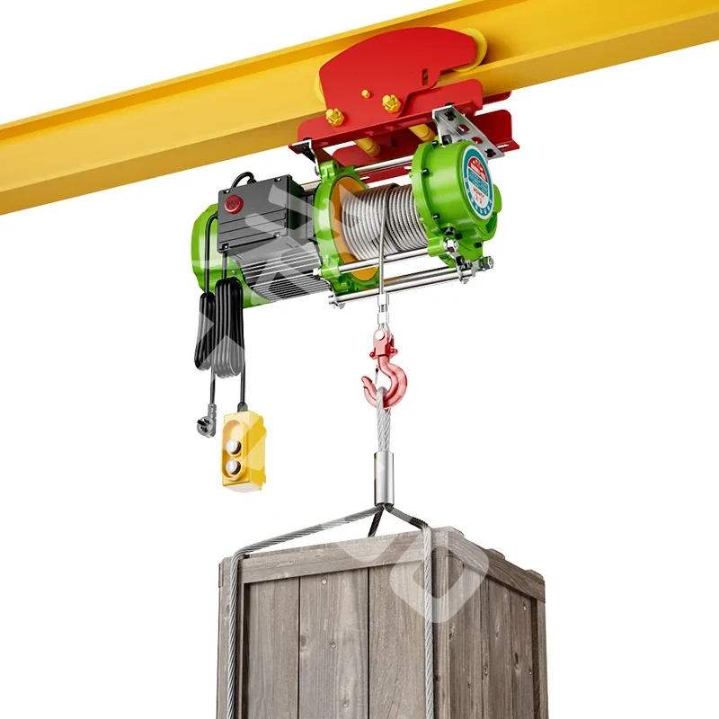 Electric wire rope hoist lifting load on beam