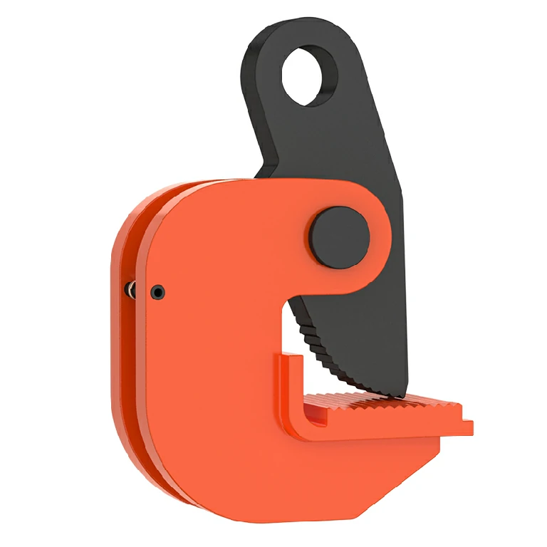 Orange lifting clamp with locking jaw for steel workpieces