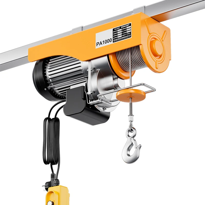 Orange mini electric hoist with hook and pendant control